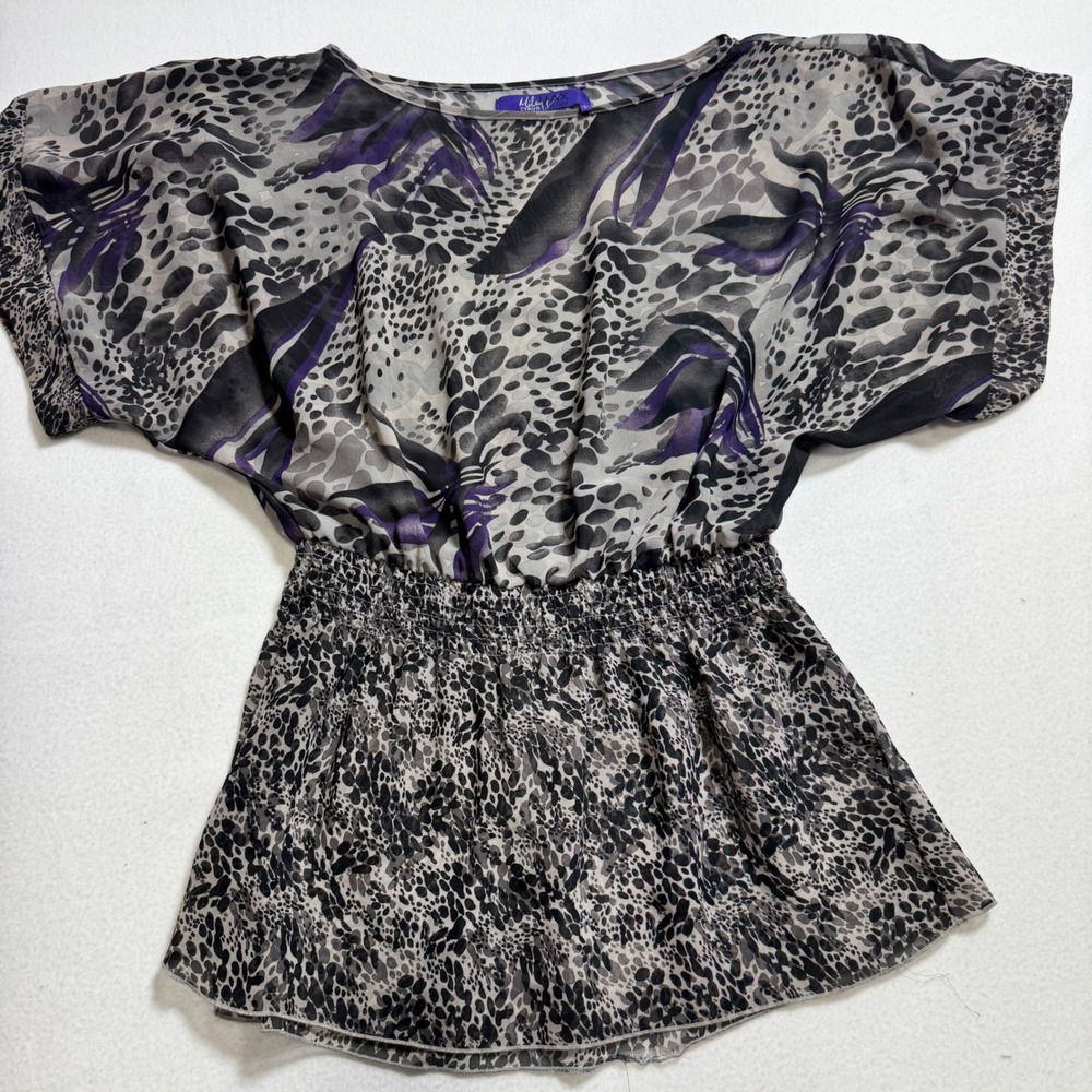 Miley Cyrus Max Azria Top Womens Large Animal Print Smocked Waist Chiffon Blouse